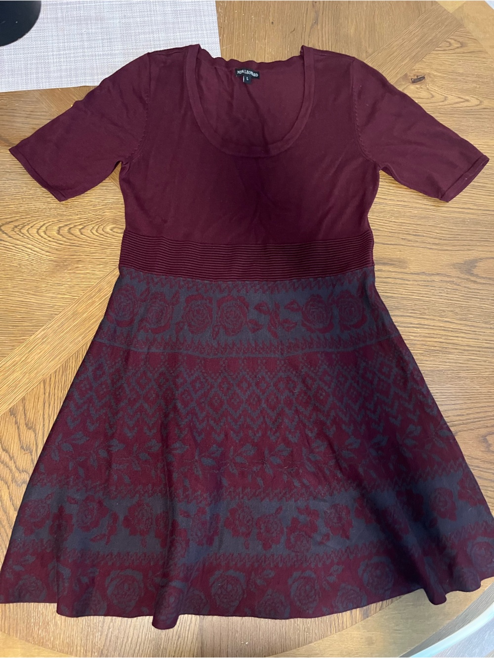 Maroon Patterned Fit-and-Flare Dress with Scoop Neck